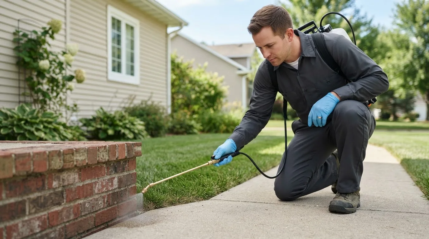 Pest control technician treating a home near Rumford, RI